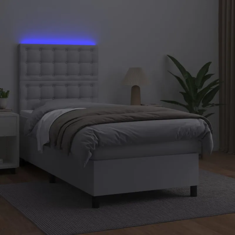 Lova su spyruoklėmis/čiužiniu/LED, balta, 90x200cm dirbtinė oda