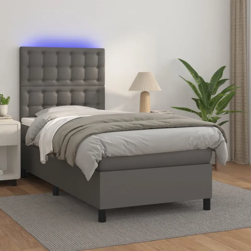 Lova su spyruoklėmis/čiužiniu/LED, pilka 100x200cm dirbtinė oda