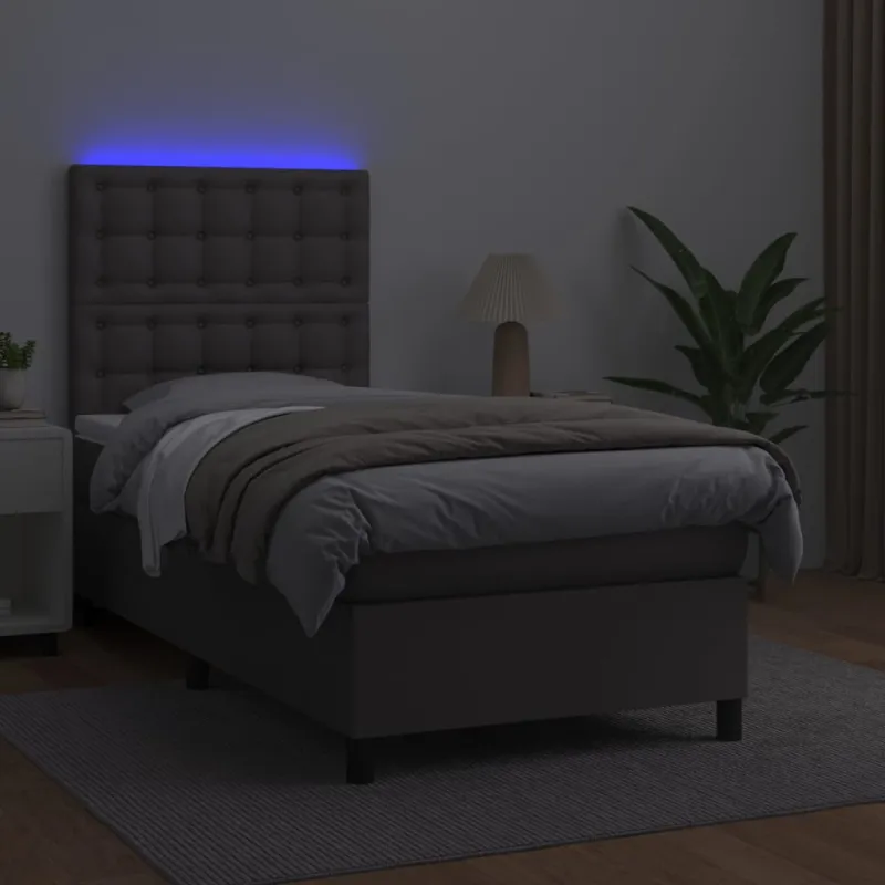 Lova su spyruoklėmis/čiužiniu/LED, pilka 100x200cm dirbtinė oda
