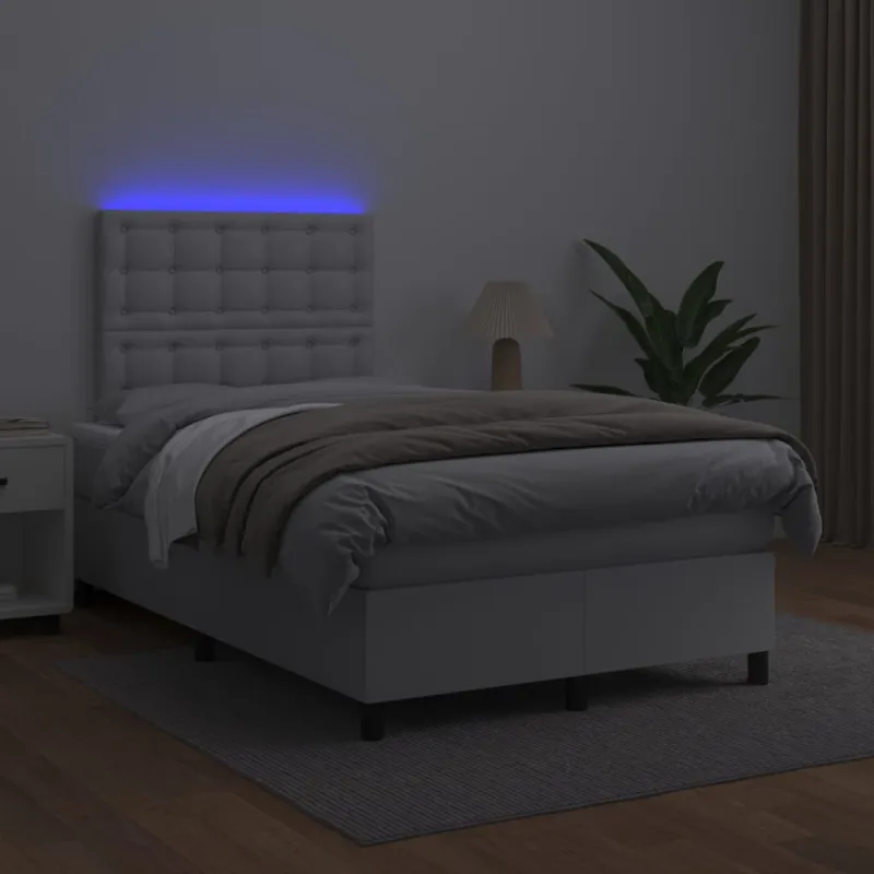 Lova su spyruoklėmis/čiužiniu/LED, balta 120x200cm dirbtinė oda