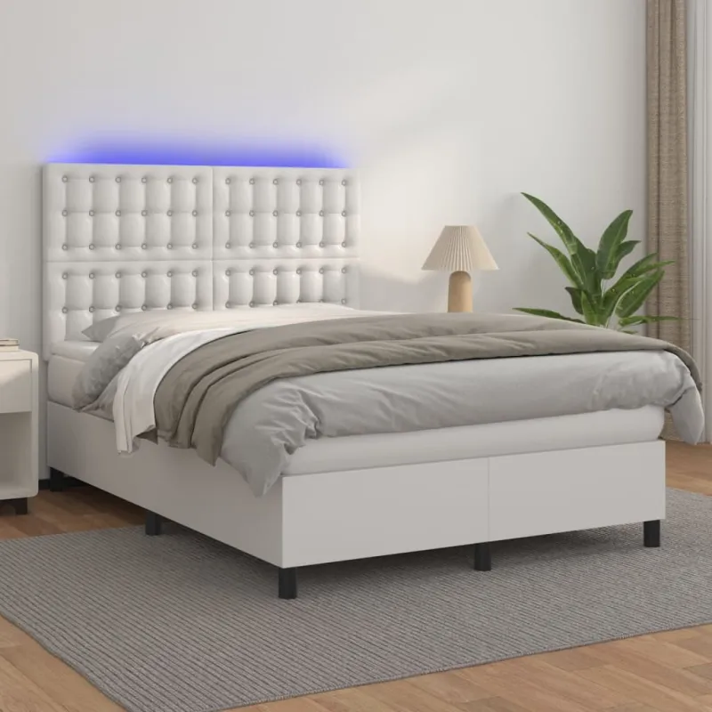 Lova su spyruoklėmis/čiužiniu/LED, balta 140x190cm dirbtinė oda