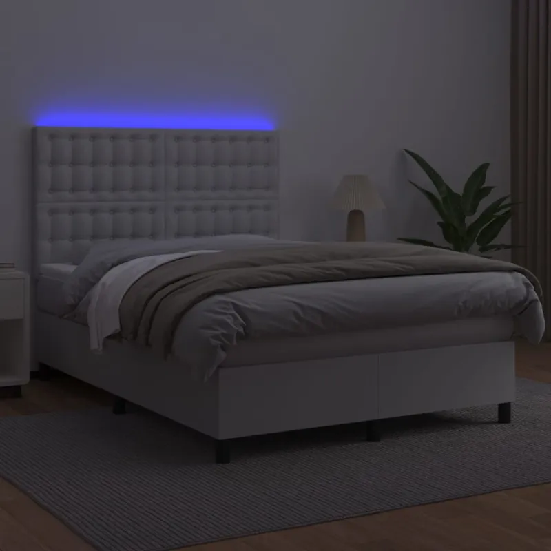 Lova su spyruoklėmis/čiužiniu/LED, balta 140x190cm dirbtinė oda