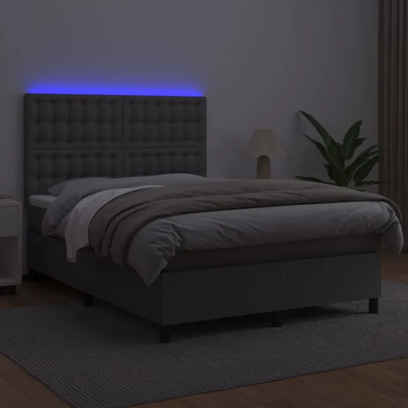 Lova su spyruoklėmis/čiužiniu/LED, pilka 140x190cm dirbtinė oda