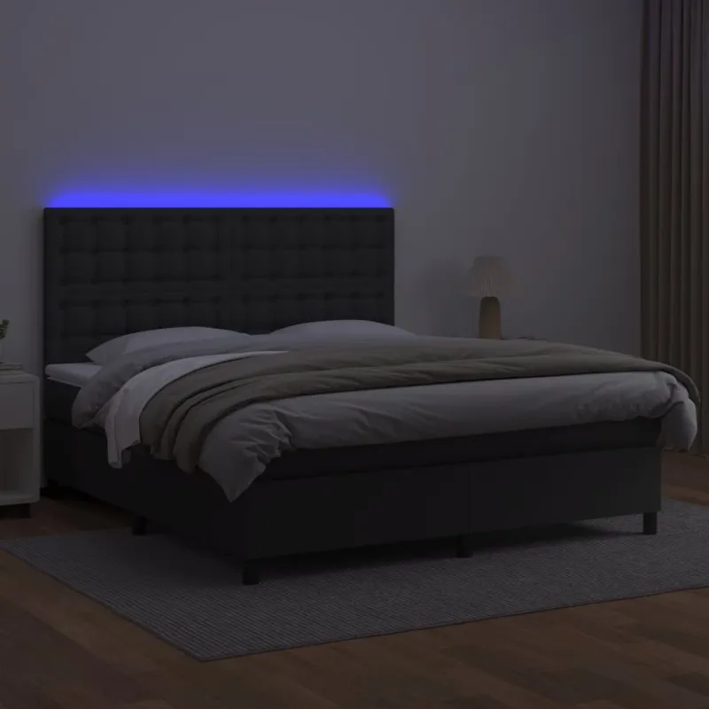 Lova su spyruoklėmis/čiužiniu/LED, juoda 180x200cm dirbtinė oda