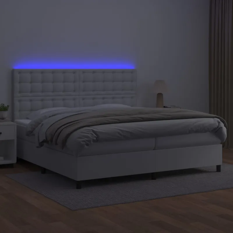 Lova su spyruoklėmis/čiužiniu/LED, balta 200x200cm dirbtinė oda