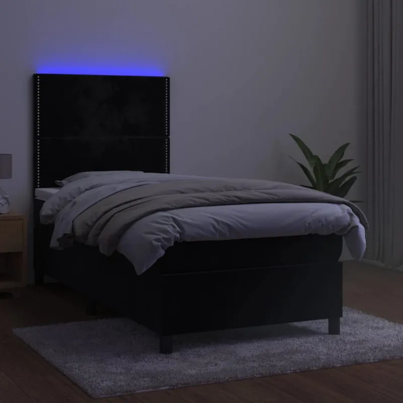 Lova su spyruoklėmis/čiužiniu/LED, juoda, 80x200cm, aksomas