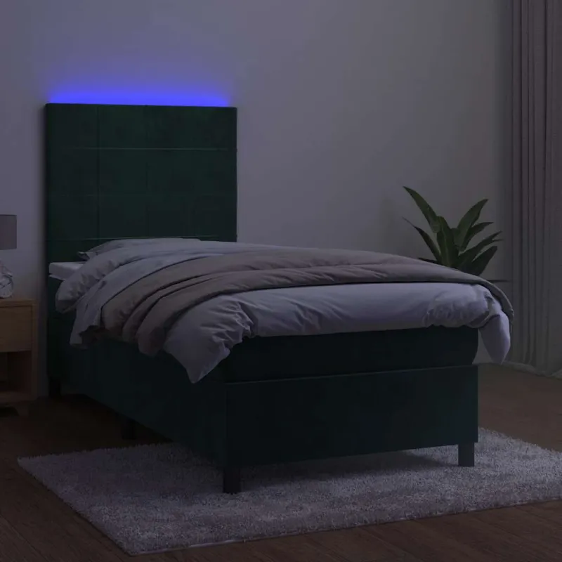 Lova su spyruoklėmis/čiužiniu/LED, žalia, 100x200cm, aksomas