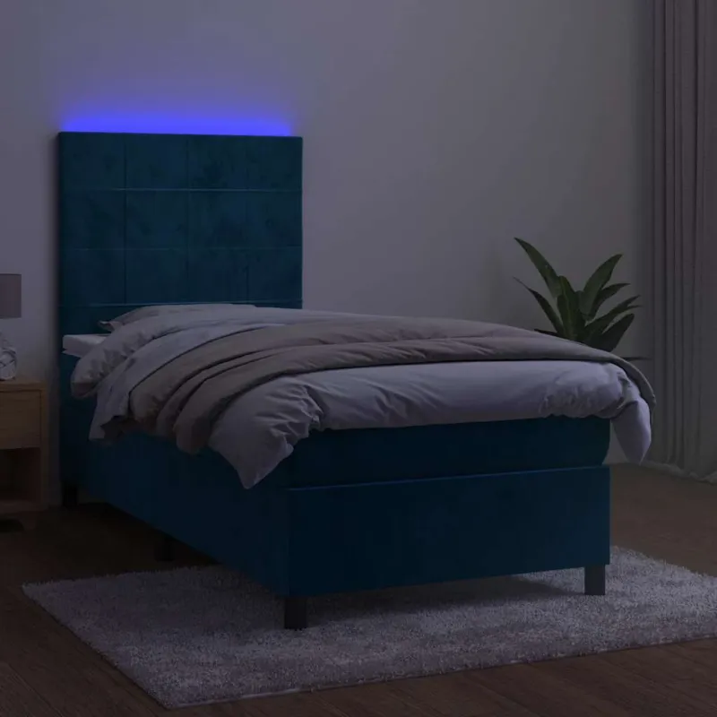 Lova su spyruoklėmis/čiužiniu/LED, mėlyna, 100x200cm, aksomas