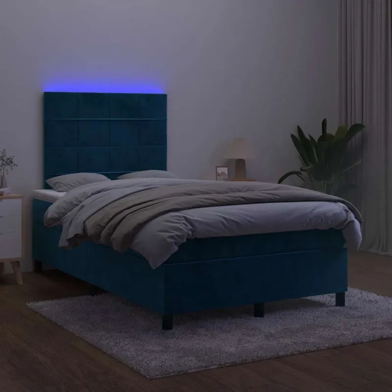 Lova su spyruoklėmis/čiužiniu/LED, mėlyna, 120x200cm, aksomas