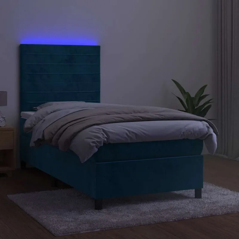 Lova su spyruoklėmis/čiužiniu/LED, mėlyna, 90x200cm, aksomas