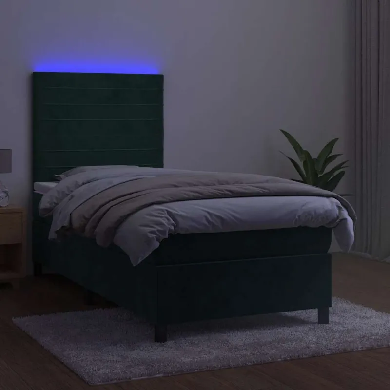 Lova su spyruoklėmis/čiužiniu/LED, žalia, 100x200cm, aksomas