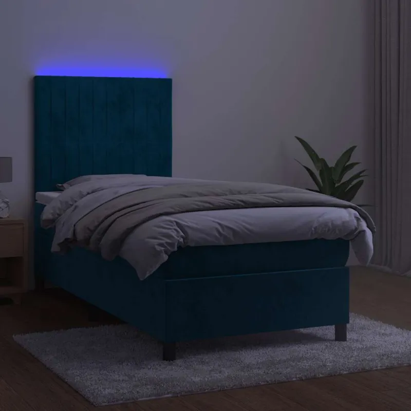 Lova su spyruoklėmis/čiužiniu/LED, mėlyna, 100x200cm, aksomas