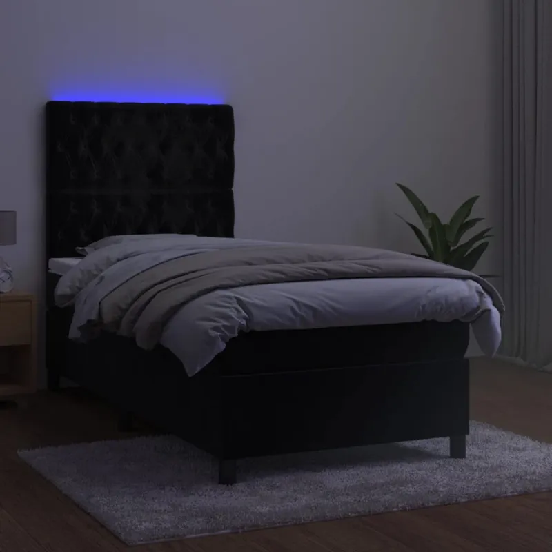 Lova su spyruoklėmis/čiužiniu/LED, juoda, 100x200cm, aksomas