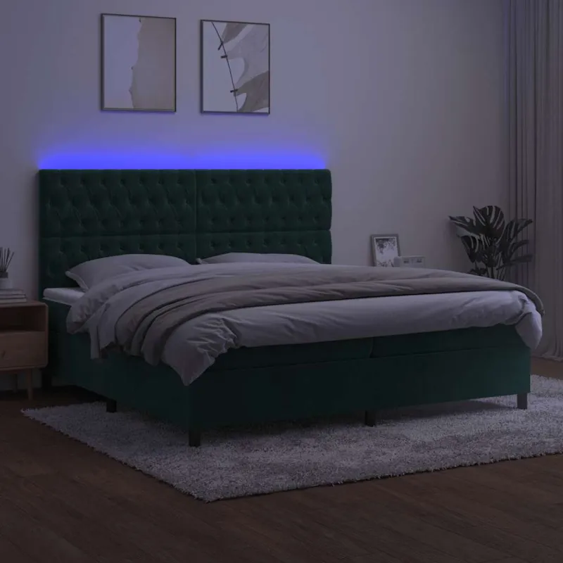 Lova su spyruoklėmis/čiužiniu/LED, žalia, 200x200cm, aksomas