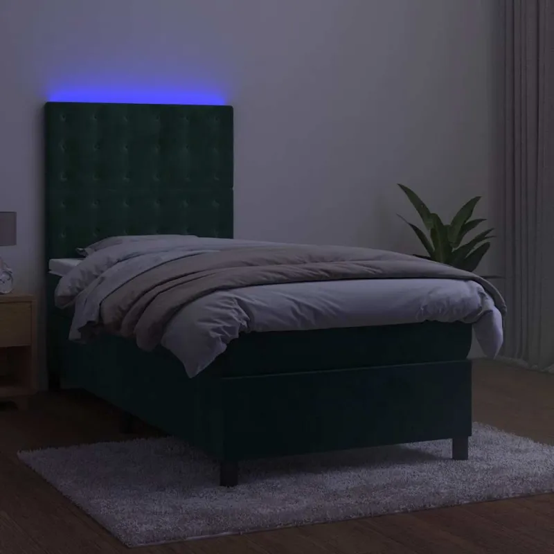 Lova su spyruoklėmis/čiužiniu/LED, žalia, 80x200cm, aksomas