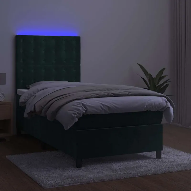 Lova su spyruoklėmis/čiužiniu/LED, žalia, 90x200cm, aksomas