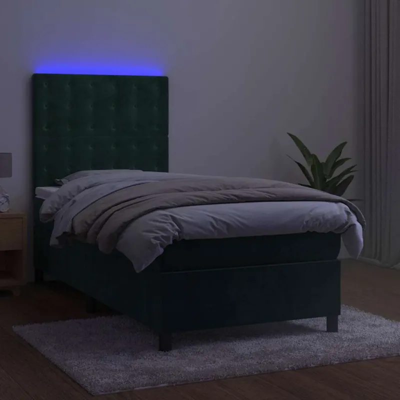 Lova su spyruoklėmis/čiužiniu/LED, žalia, 100x200cm, aksomas