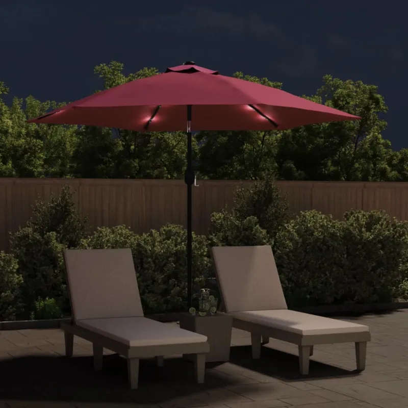 Sodo skėtis su LED ir plieniniu stulpu, tamsiai raudonas, 300cm