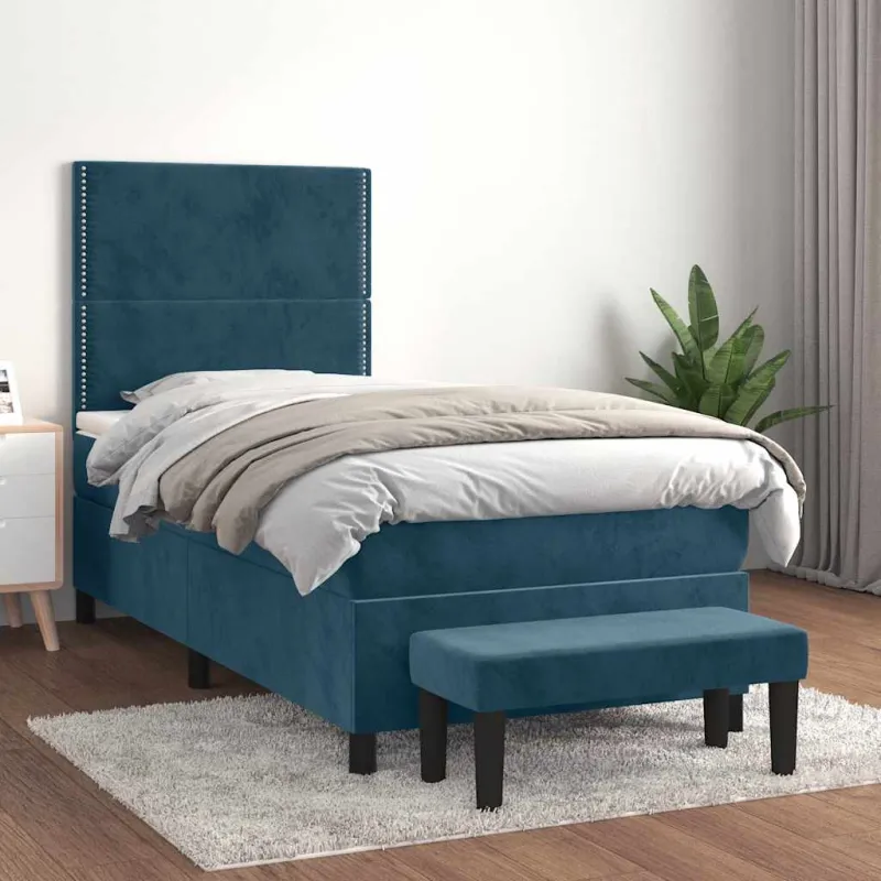 Lova su spyruoklėmis ir čiužiniu, mėlyna, 90x190 cm, aksomas