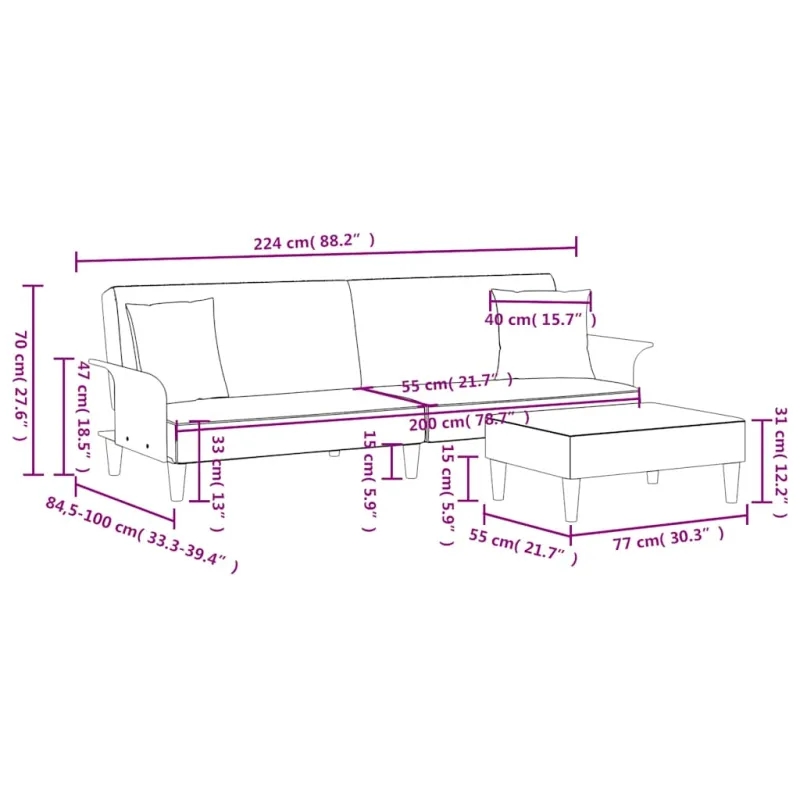 Dvivietė sofa-lova su pagalvėmis ir pakoja, pilka, aksomas