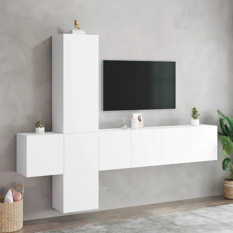 Sieninė TV sekcija, 5 dalių, baltos spalvos, apdirbta mediena