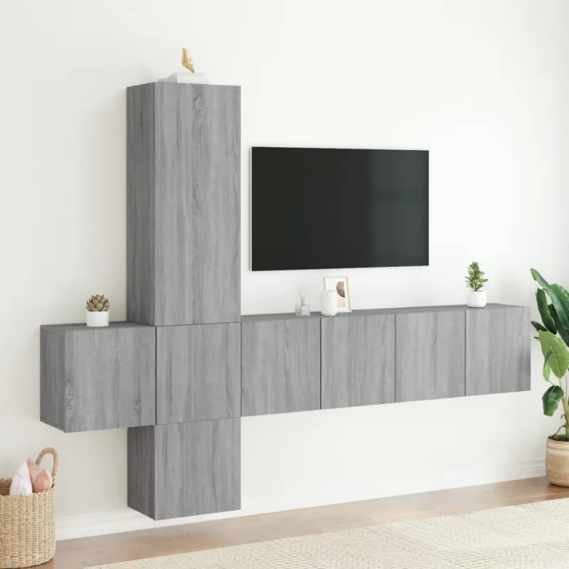 Sieninė TV sekcija, 5 dalių, pilka ąžuolo, apdirbta mediena