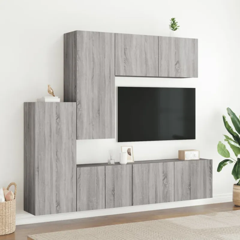 Sieninė TV sekcija, 5 dalių, pilka ąžuolo, apdirbta mediena