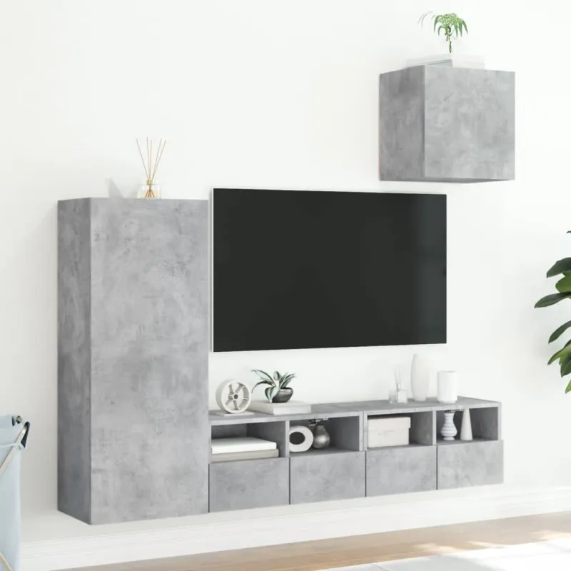 Sieninė TV sekcija, 4 dalių, betono pilka, apdirbta mediena