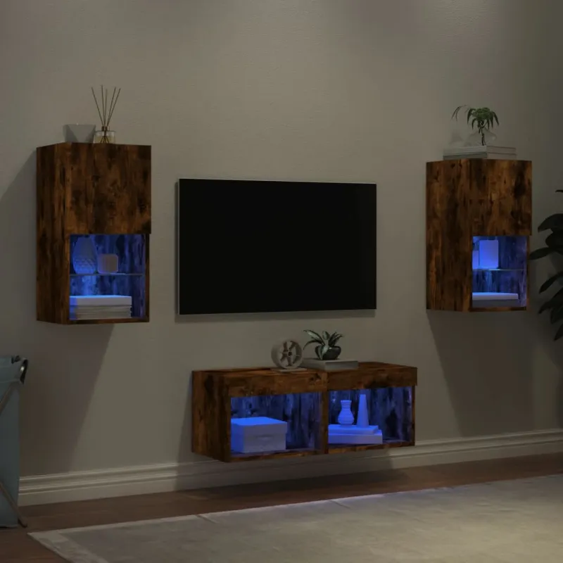 Sieninės TV spintelės su LED lemputėmis, 4 dalių, dūminės