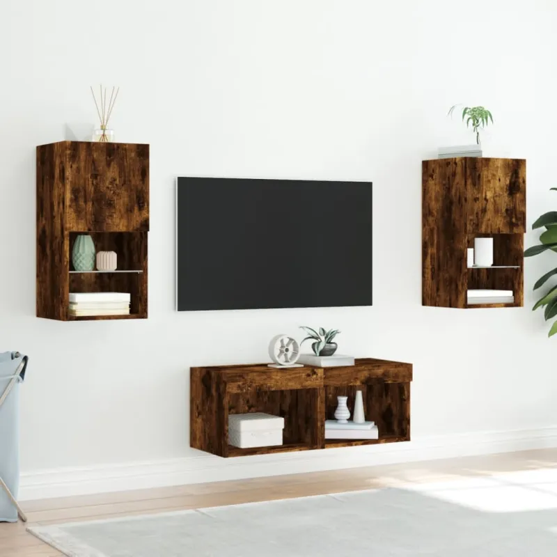 Sieninės TV spintelės su LED lemputėmis, 4 dalių, dūminės