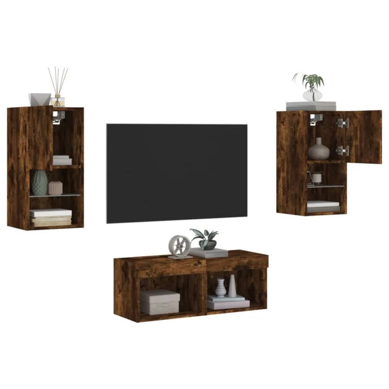 Sieninės TV spintelės su LED lemputėmis, 4 dalių, dūminės