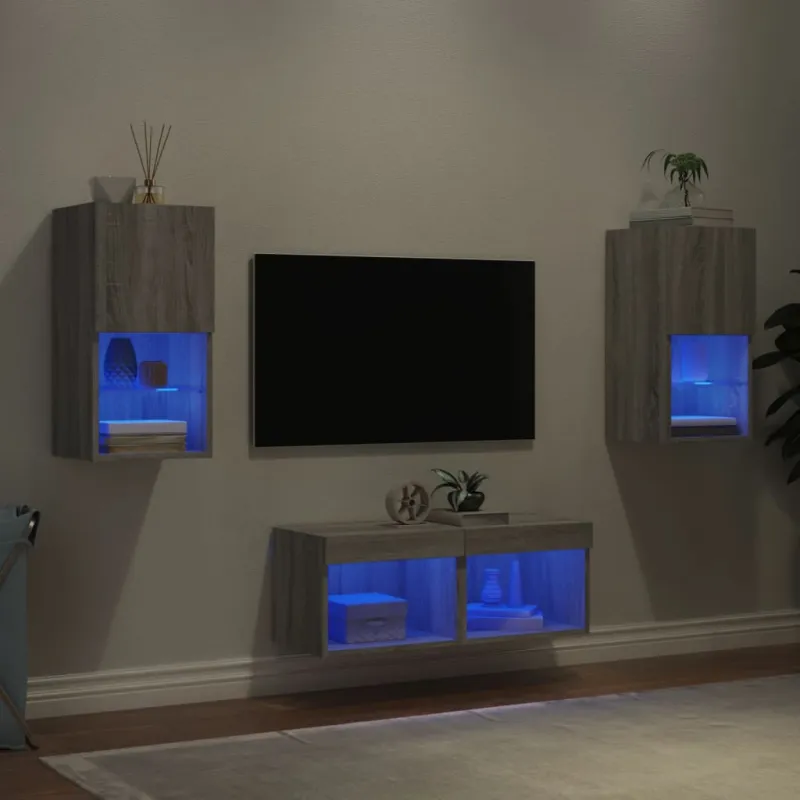 Sieninės TV spintelės su LED lemputėmis, 4 dalių, pilkos ąžuolo