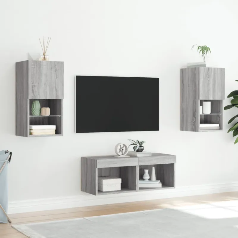 Sieninės TV spintelės su LED lemputėmis, 4 dalių, pilkos ąžuolo