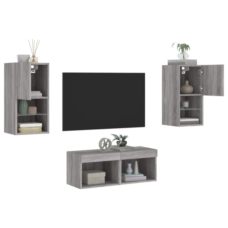 Sieninės TV spintelės su LED lemputėmis, 4 dalių, pilkos ąžuolo
