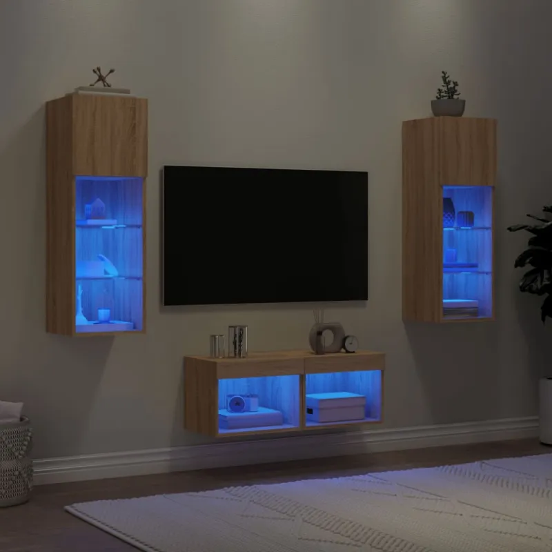 Sieninės TV spintelės su LED lemputėmis, 4 dalių, ąžuolo