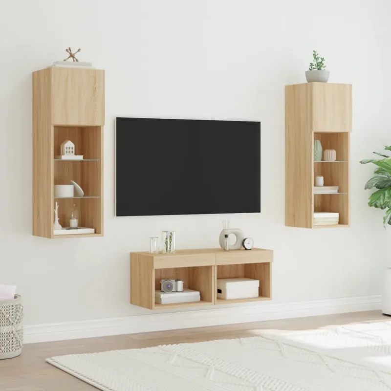 Sieninės TV spintelės su LED lemputėmis, 4 dalių, ąžuolo