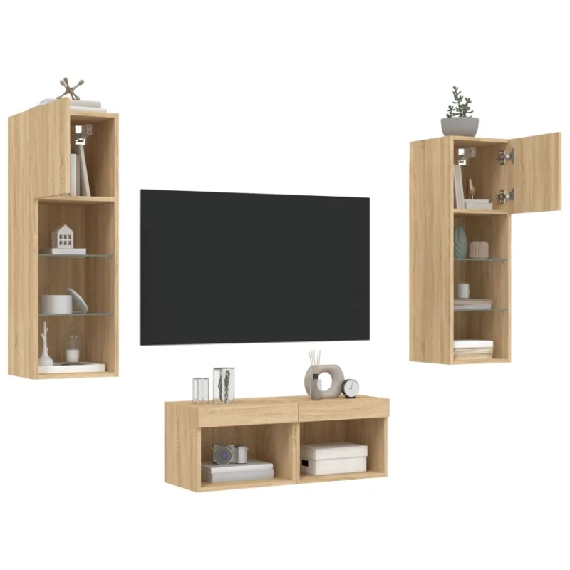 Sieninės TV spintelės su LED lemputėmis, 4 dalių, ąžuolo