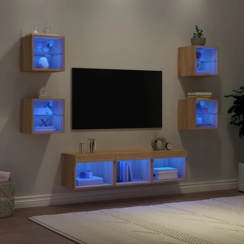 Sieninė TV sekcija su LED, 7 dalių, ąžuolo, apdirbta mediena