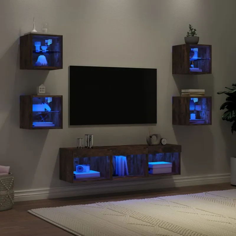 Sieninė TV sekcija su LED, 7 dalių, dūminio ąžuolo, mediena