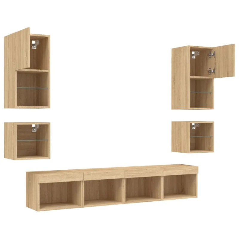 Sieninė TV sekcija su LED, 8 dalių, ąžuolo, apdirbta mediena