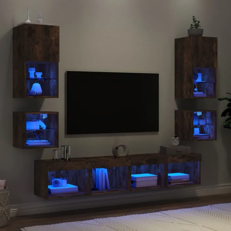 Sieninė TV sekcija su LED, 8 dalių, dūminio ąžuolo, mediena