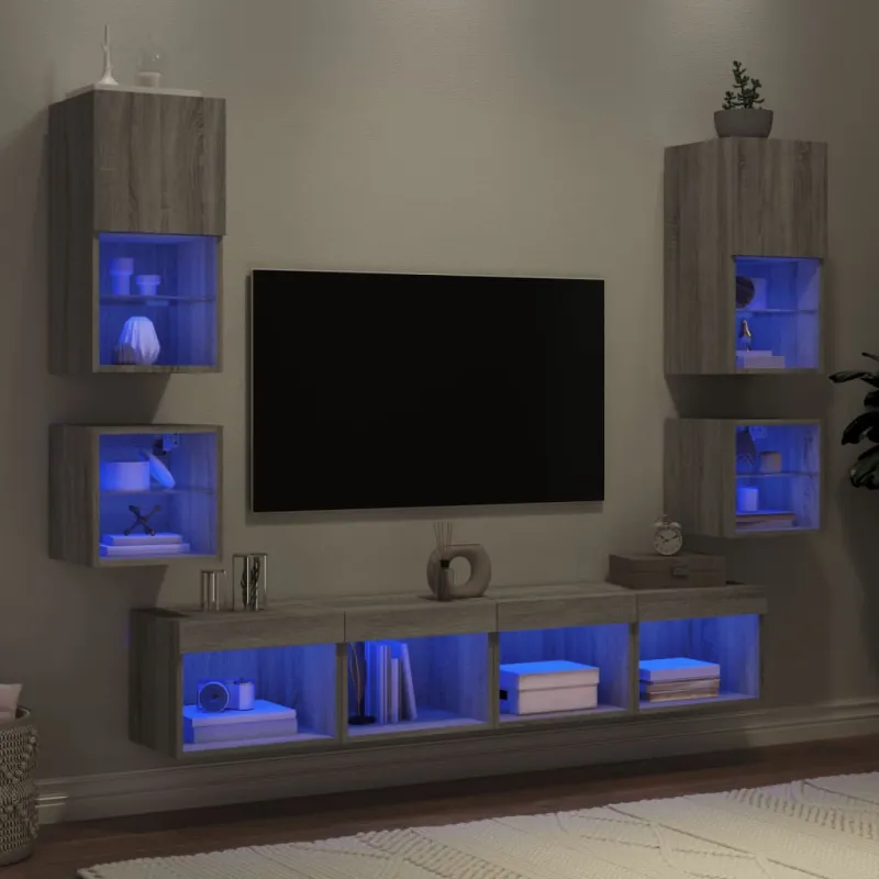 Sieninė TV sekcija su LED, 8 dalių, pilka ąžuolo, mediena
