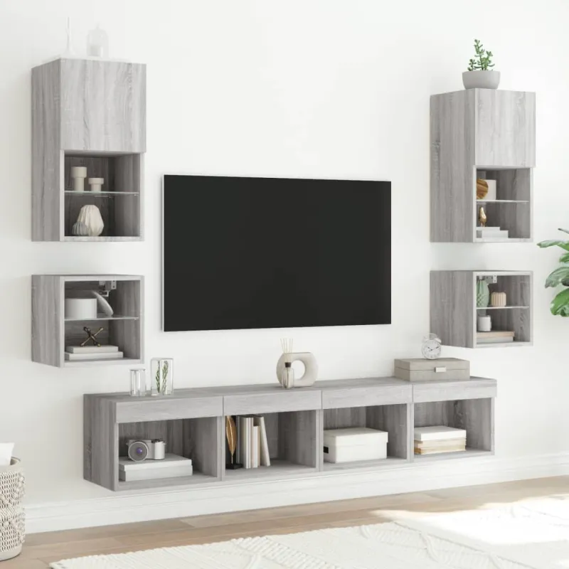 Sieninė TV sekcija su LED, 8 dalių, pilka ąžuolo, mediena