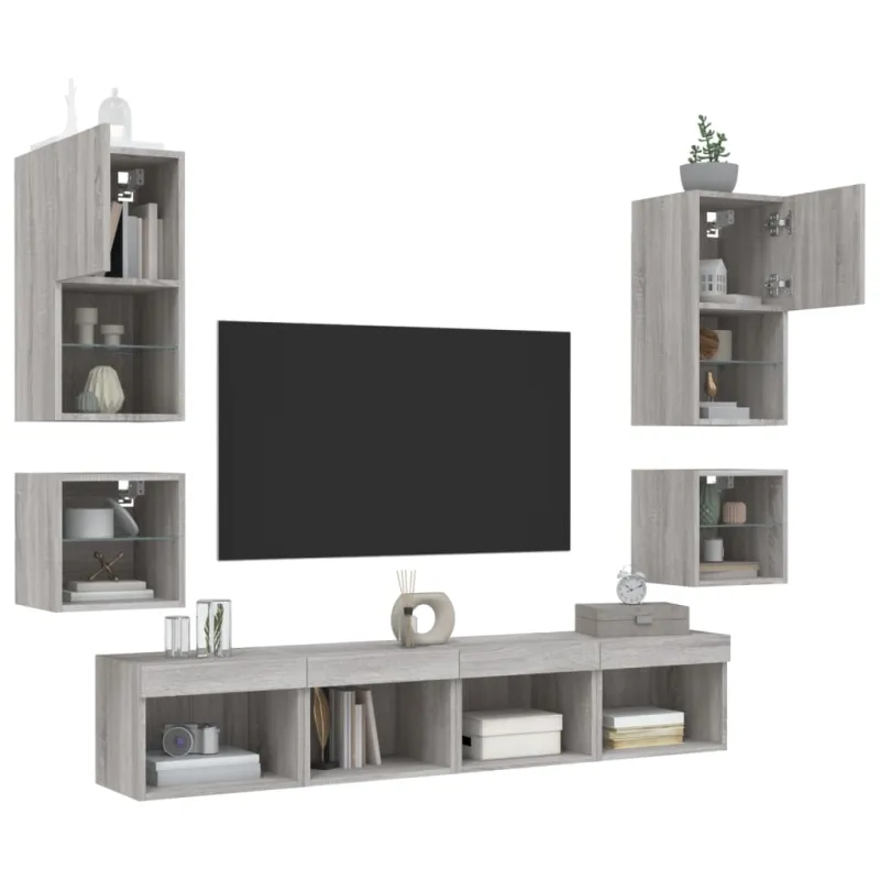 Sieninė TV sekcija su LED, 8 dalių, pilka ąžuolo, mediena