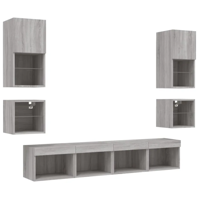 Sieninė TV sekcija su LED, 8 dalių, pilka ąžuolo, mediena