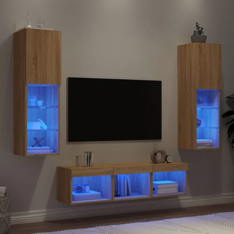 Sieninė TV sekcija su LED, 5 dalių, ąžuolo, apdirbta mediena