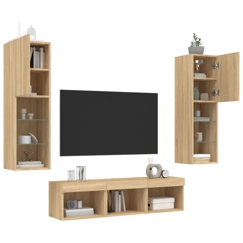 Sieninė TV sekcija su LED, 5 dalių, ąžuolo, apdirbta mediena