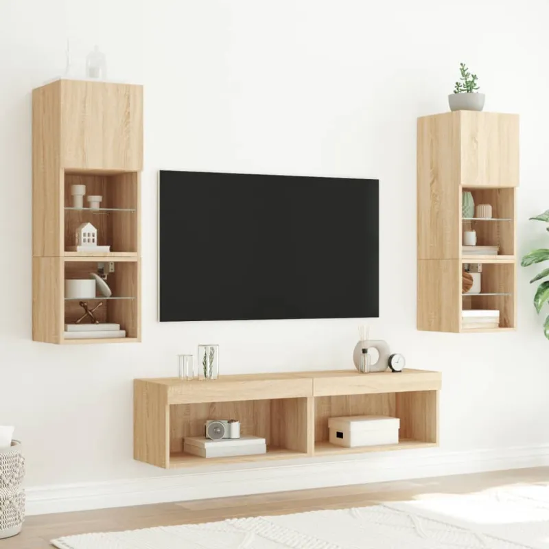 Sieninė TV sekcija su LED, 6 dalių, ąžuolo, apdirbta mediena