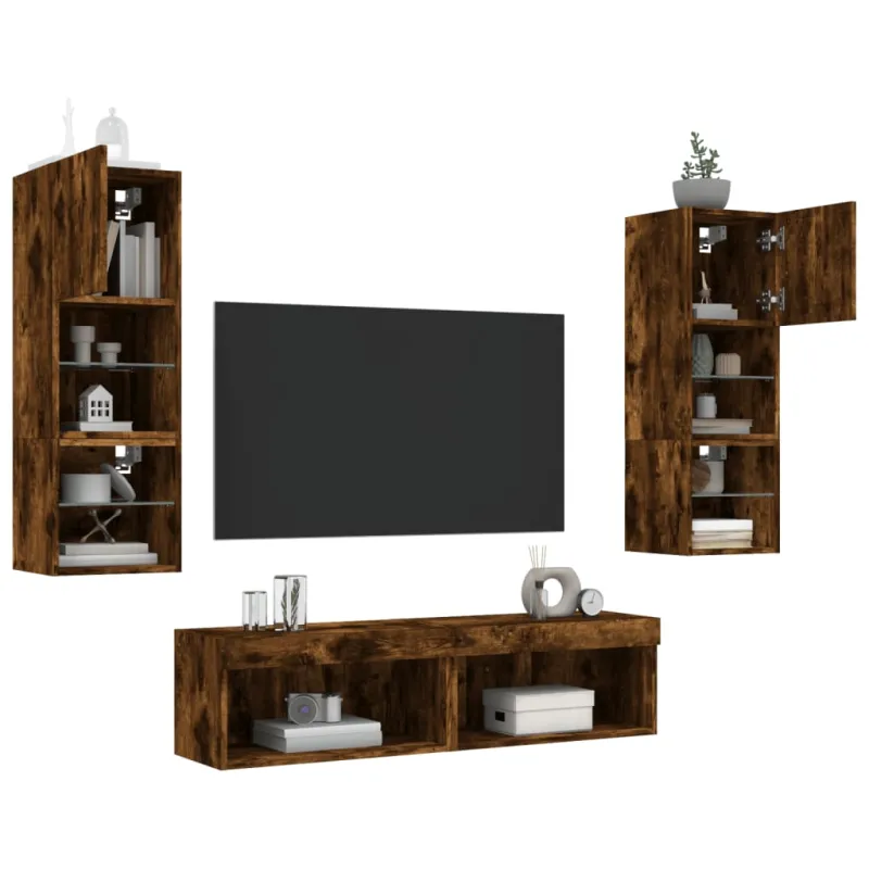 Sieninė TV sekcija su LED, 6 dalių, dūminio ąžuolo, mediena