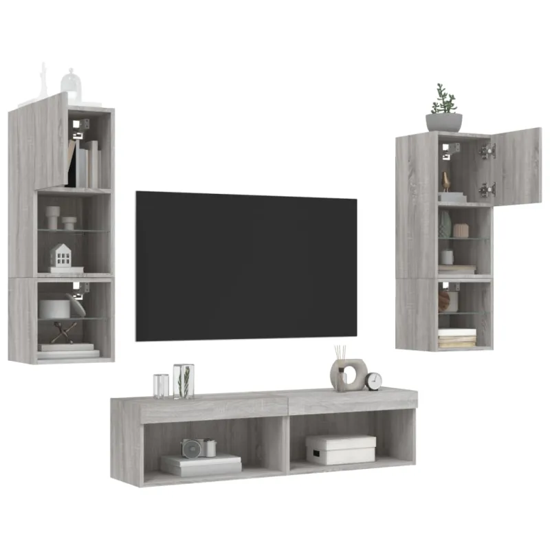 Sieninė TV sekcija su LED, 6 dalių, pilka ąžuolo, mediena